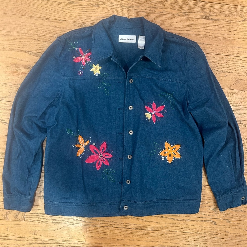 Alfred Dunner Blue Denim Jacket with Floral Accents